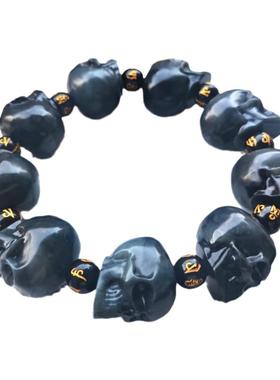 和田玉聚墨青花籽料大骷髅头手串国风藏式骨头串念珠冷门文玩手链