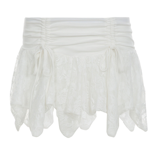 FUNOFF 法式复古蕾丝拼接绑带不规则半身裙少女感bm风白色短裙女