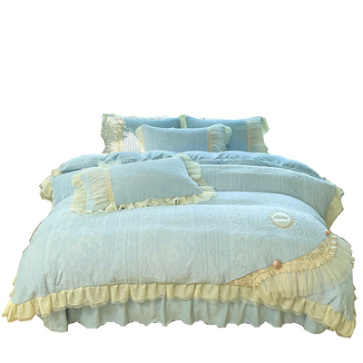 2025新款纯色雕花牛奶绒夹棉床盖款四件套韩版花边床单加绒被罩套