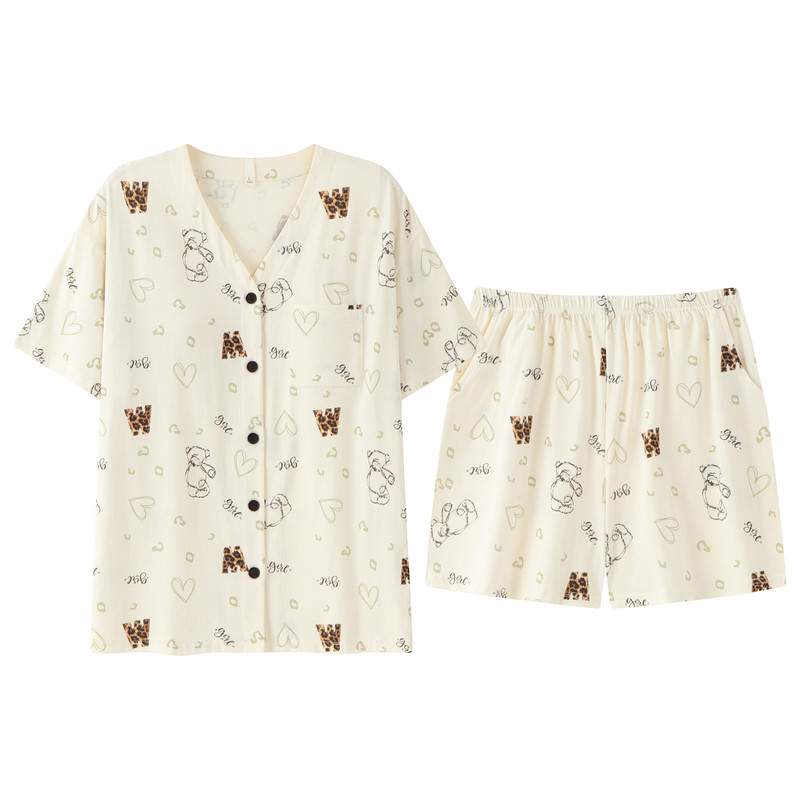 睡衣女夏季带胸垫纯棉女士短袖短裤字母小熊可外穿大码家居服夏天
