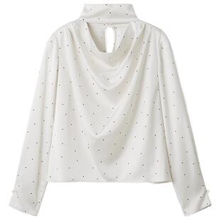 FRAY I.D2025秋冬新品纯色波点缎面立领褶皱衬衫上衣FWFB255092