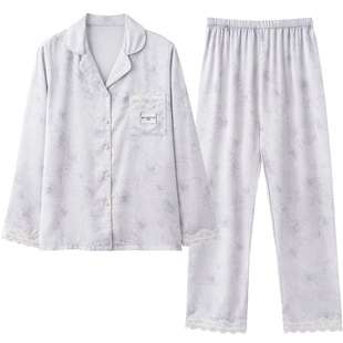 马克公主仿真丝睡衣女款春秋长袖紫色高级感蕾丝家居服2026年新款