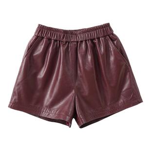 安可拉红欧货油蜡小羊皮真皮皮短裤女2025新款高腰阔腿裤a字外穿