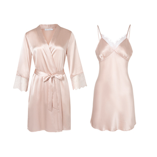 乃丝真丝吊带睡裙睡袍两件套女100%桑蚕丝睡衣套装蕾丝家居服春秋