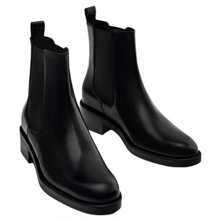 西班牙MD女鞋真牛皮平底切尔西低跟英伦风套筒松紧及踝短靴马丁靴