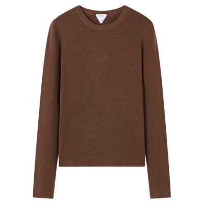 Ribbe礼贝 100%美丽诺羊毛 60支软糯圆领细条纹针织毛衣套头T恤