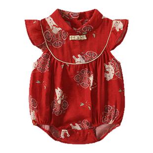 百天婴儿衣服夏季薄款喜庆中式包屁衣新生女宝宝夏装哈衣周岁礼服