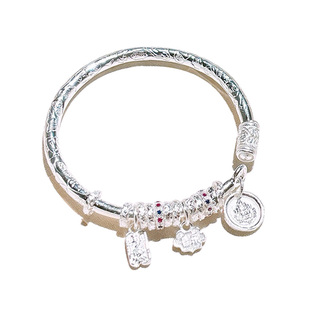 足银999.9吉言盘缠万贯手镯女实心开口黄财神平安喜乐银手环礼物