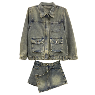 2026春季新款复古百搭牛仔翻领外套设计感显瘦短裙小个子时髦套装