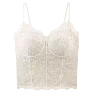 法式红色鱼骨蕾丝吊带背心女外穿带胸垫美背文胸一体内搭打底上衣