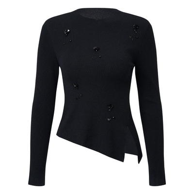 MAXRIENY精致复古感钉钻套头针织25秋下摆不规则设计修身长袖上衣