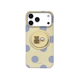 轻派韩系奶蓝波点立体小熊珍珠支架适用苹果17promax手机壳iphone16pro新款15promax女款15pro半包菲林硬壳
