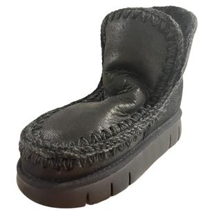 M女士羊皮毛一体雪地靴毛线编制爱斯基摩黑色龟裂厚底