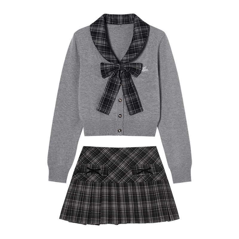 EPTISON套装女2025冬季新款短款毛衣外套格纹百褶裙学院风两件套