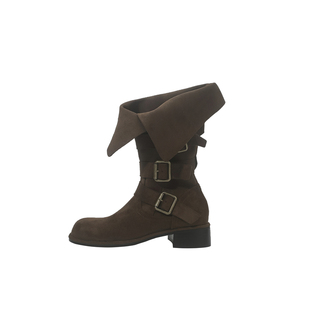 林向晚 韩系慵懒感~废土风靴子女棕色中筒靴皮带扣复古圆头堆堆靴