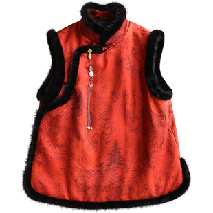 云澍重磅香云纱新中式国风水貂毛领真丝过年宴会加棉马甲上衣女冬