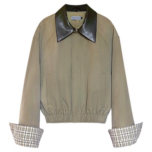 TRENDYWU 意式静奢 “罗曼”pu皮革领拼接翻领格纹廓形夹克外套