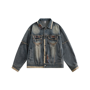 AYWTER复古怀旧格纹拼接毛边设计翻领牛仔夹克水洗做旧情侣外套潮