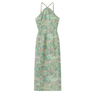 Srose 莫奈花园 复古改良旗袍油画连衣裙挂脖修身显瘦2026新款