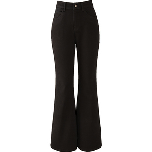 娅丽达加绒微喇牛仔裤女锁色裤子2025冬季新款高弹力黑色喇叭女裤