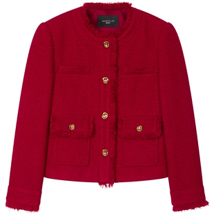 曼德诗小香风短外套2025冬季新款时尚绵羊毛混纺气质短款红色大衣