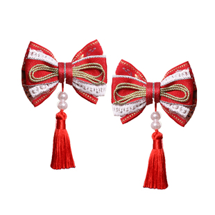 国风儿童古风发饰新中式过年红色花朵发夹女宝宝过年汉服头饰新年