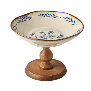 悠瓷 复古7英寸木质高脚果盘陶瓷水果盘客厅茶几家用零食盘干果盘