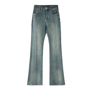 大于诗集 玫瑰系带高腰浅色微喇牛仔裤女小个子复古直筒长裤夏季