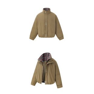 美式复古立领短款羽绒服男宽松拉链外套加厚保暖百搭假两件卡其色