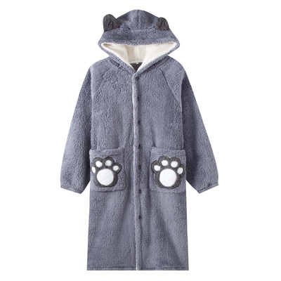 秋冬款法兰绒卡通刺绣连帽睡袍