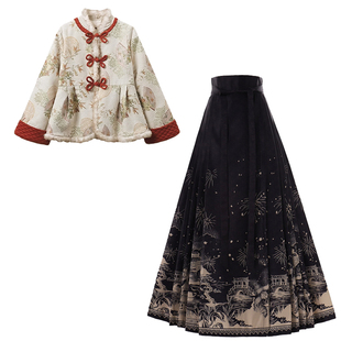 冬季新年拜年服明制汉服新中式加绒保暖外套马面裙套装小个子日常