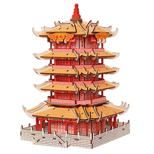 黄鹤楼古建筑木质拼装模型3D立体拼图手工课亲子活动制作益智玩具