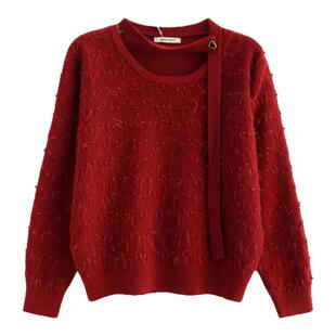 拾野森 冬装新款韩版温柔亮丝爱心围脖飘带长袖圆领套头毛衣上衣