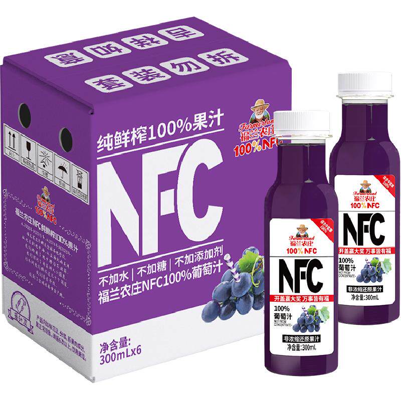 （NFC葡萄汁）福兰农庄100%纯鲜榨果汁300ml*6瓶饮料0添加
