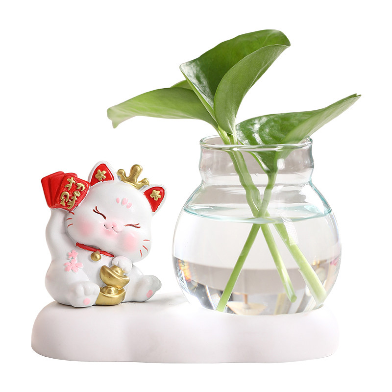 可爱招财猫水培摆件植物玻璃花瓶