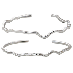 无怯纯银手镯高质感不规则纹理韩版开口细手环简约叠戴送礼套装