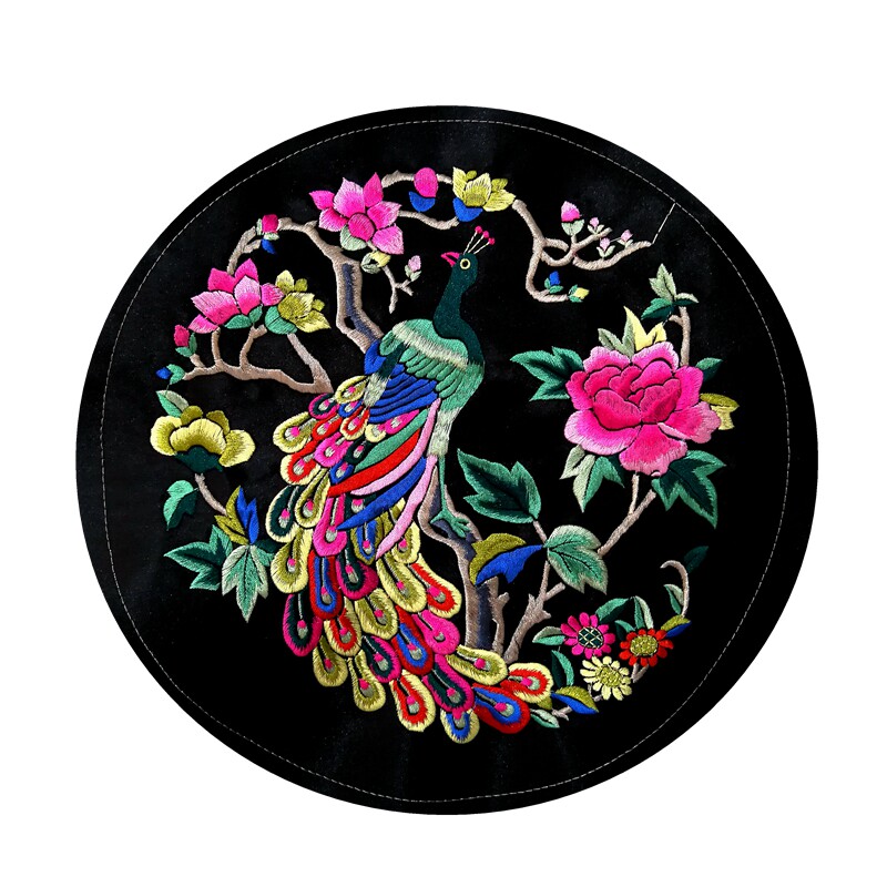 精品孔雀凤凰机绣刺绣贴花辅料民族风苗绣片演出衣服装补丁牡丹花