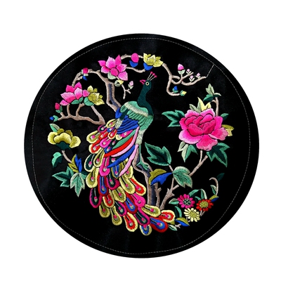 圆形孔雀牡丹花刺绣片服装贴花布