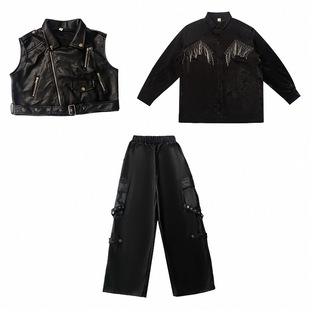 架子鼓演出服男孩儿童街舞摇滚黑皮衣马甲潮酷痞帅风走秀乐队表演