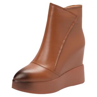 真皮靴子女12CM内增高马丁靴冬百搭侧拉链尖头厚底坡跟短靴单靴秋