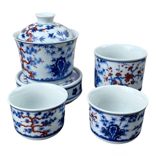釉里红松竹梅盖碗茶杯套装青花瓷中式功夫茶具陶瓷茶碗主人杯盖置