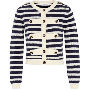 马天奴秋季新款女黑白条纹针织衫长袖开衫设计感毛衫外套外搭时尚