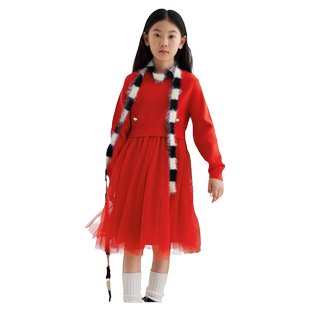 巴拉巴拉童装儿童连衣裙女童春秋装中大童洋气网纱公主红色拜年服