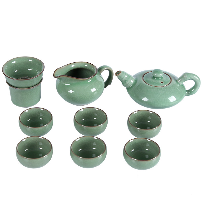 包邮家用龙泉青瓷茶道竹韵扁壶10件套功夫茶具套装陶瓷冰裂纹茶具