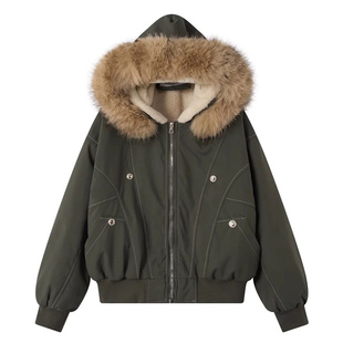 2025冬季座山雕大毛领短款棉服女新爆款派克服宽松加厚绒工装外套