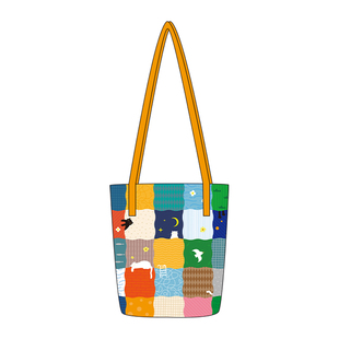 尼睿原创可爱猫咪水桶包女棋盘格帆布包小众个性印花单肩包礼物W