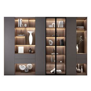 轻奢定制去客厅化实木组合书柜带玻璃门电视柜旁边展示柜一墙到顶