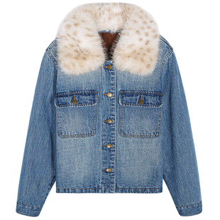 落落狷介夹棉牛仔外套女2025新款冬小个子毛领短外套加厚保暖冬季