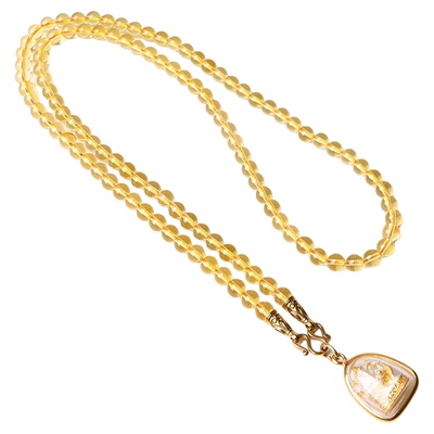 晶莹剔透黄水晶圆珠唐卡佛牌链子