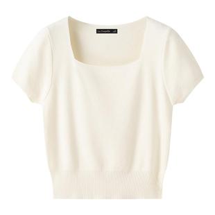 拉夏贝尔/La Chapelle春夏款法式方领短袖针织衫女纯色打底衫上衣